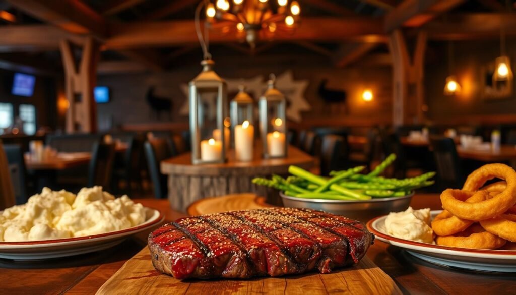 A beautifully arranged dining table featuring Texas Longhorn Steakhouse's legendary favorites, with a perfectly grilled ribeye steak at the forefront, glistening with a savory seasoning. Surrounding the steak are sides of creamy mashed potatoes, grilled asparagus, and crispy onion rings, all presented on elegant plates. In the middle ground, a rustic wooden table adorned with steakhouse-themed decor, like cowhide elements and warm, soft lighting emanating from vintage-style lanterns. The background showcases the inviting ambiance of the steakhouse, with dim lights and rustic wooden beams, capturing a cozy, welcoming atmosphere. The image should evoke a feeling of hearty satisfaction and comfort, with rich colors and a slight warm glow, emphasizing the richness of the meal and making it look tantalizingly delicious.