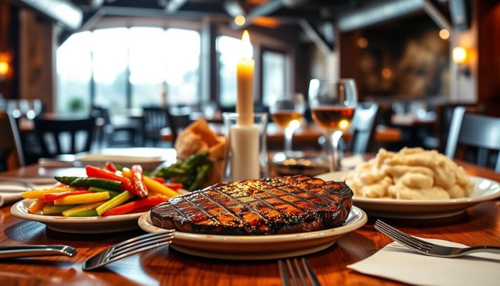 A beautifully arranged dining table showcasing a Longhorn Steakhouse-inspired meal, featuring a perfectly grilled steak, vibrant seasonal vegetables, and a side of creamy mashed potatoes. In the foreground, a rustic wooden table with polished silverware and high-quality dinnerware. In the middle, a warm inviting setting with a flickering candle for ambient lighting, casting soft shadows that create a cozy atmosphere. The background features blurred images of a rustic restaurant interior, complete with dark wooden beams and subtle Western-themed decor, enhancing the scene. The overall mood is welcoming and savory, evoking a sense of warmth and satisfaction, as if inviting the viewer to indulge in the culinary delights offered at Longhorn Steakhouse. A beautifully arranged dining table showcasing a Longhorn Steakhouse-inspired meal, featuring a perfectly grilled steak, vibrant seasonal vegetables, and a side of creamy mashed potatoes. In the foreground, a rustic wooden table with polished silverware and high-quality dinnerware. In the middle, a warm inviting setting with a flickering candle for ambient lighting, casting soft shadows that create a cozy atmosphere. The background features blurred images of a rustic restaurant interior, complete with dark wooden beams and subtle Western-themed decor, enhancing the scene. The overall mood is welcoming and savory, evoking a sense of warmth and satisfaction, as if inviting the viewer to indulge in the culinary delights offered at Longhorn Steakhouse.