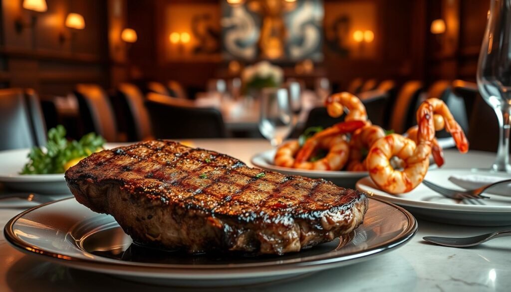 A beautifully arranged dining table showcasing legendary steaks and redrock grilled shrimp as the centerpiece. The foreground features a perfectly cooked, juicy steak with grill marks, garnished with fresh herbs, and succulent shrimp glazed in a spicy marinade, skewered and slightly charred, reflecting a mouthwatering sheen. Surrounding these dishes are elegant dinner plates and polished silverware, enhancing the appeal of fine dining. In the middle ground, a soft-focus background reveals a cozy restaurant ambiance with warm, dim lighting, wooden accents, and soft, inviting decor, creating a welcoming atmosphere. The image is captured from a slightly elevated angle, emphasizing the vibrant colors of the food while ensuring a refined and appetizing presentation. The overall mood is inviting, evoking a sense of indulgence and culinary delight.