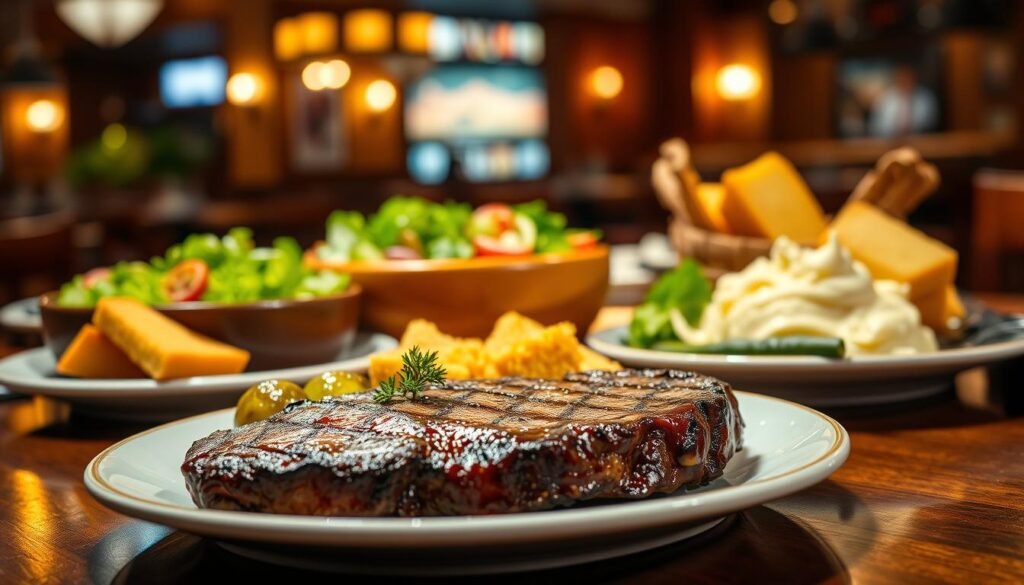 A beautifully arranged longhorn steakhouse table setting featuring a variety of signature dishes. In the foreground, a perfectly cooked ribeye steak garnished with fresh herbs, accompanied by a side of crispy Brussels sprouts and creamy mashed potatoes. The middle ground showcases a vibrant mixed salad in a rustic wooden bowl, with slices of warm, freshly baked cornbread on the side. In the background, dimly lit ambient lighting highlights the warm, inviting wooden decor of the restaurant, enhancing the casual yet sophisticated atmosphere. The scene is captured with a shallow depth of field, focusing on the food to create a mouthwatering presentation, evoking a sense of comfort and indulgence, inviting viewers to savor the culinary experience. A beautifully arranged longhorn steakhouse table setting featuring a variety of signature dishes. In the foreground, a perfectly cooked ribeye steak garnished with fresh herbs, accompanied by a side of crispy Brussels sprouts and creamy mashed potatoes. The middle ground showcases a vibrant mixed salad in a rustic wooden bowl, with slices of warm, freshly baked cornbread on the side. In the background, dimly lit ambient lighting highlights the warm, inviting wooden decor of the restaurant, enhancing the casual yet sophisticated atmosphere. The scene is captured with a shallow depth of field, focusing on the food to create a mouthwatering presentation, evoking a sense of comfort and indulgence, inviting viewers to savor the culinary experience.