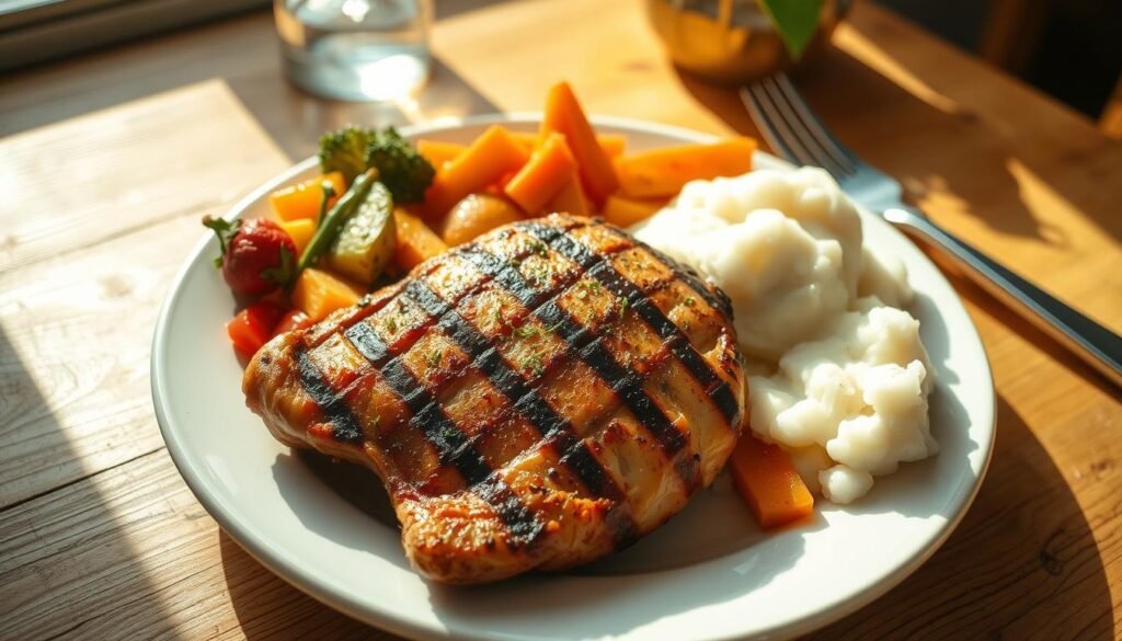 A beautifully arranged lunch plate featuring a generous portion of grilled chicken, perfectly seasoned with herbs and spices, served alongside a colorful medley of seasonal vegetables and fluffy mashed potatoes. The chicken is golden brown, with grill marks visible, exuding a mouth-watering aroma. In the background, a rustic wooden table adds warmth to the scene, while natural sunlight streams in from a nearby window, casting gentle shadows that enhance the textures of the food. The ambiance is inviting and homey, perfect for a casual dining experience. The composition is shot from above at a slight angle to emphasize the vibrant colors and details of the dish, inviting the viewer to enjoy a hearty meal beyond typical grilling fare.