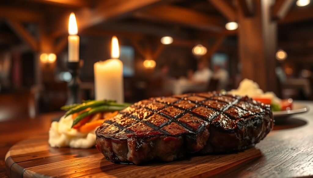 A beautifully arranged outlaw ribeye steak, perfectly grilled to a rich mahogany brown with tantalizing grill marks, takes center stage in the foreground. Accompanying the steak, a side of robust garlic mashed potatoes and vibrant seasonal vegetables arranged neatly on a rustic wooden table. In the middle ground, a flickering candle casts a warm, inviting glow, enhancing the intimate dining atmosphere. The background features a softly blurred glimpse of a cozy steakhouse ambiance, with rustic wooden beams and dim lighting. The image is captured with a shallow depth of field, focusing on the steak while the background remains gently out of focus. The mood is warm and inviting, evoking a sense of indulgence and comfort, perfect for a legendary steak dining experience.