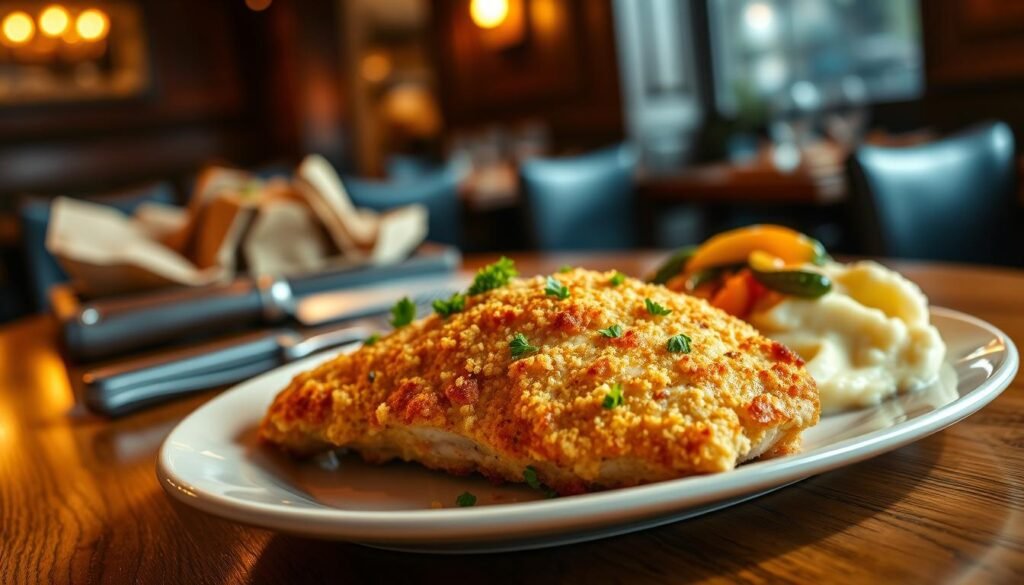 A beautifully arranged plate of Parmesan crusted chicken, expertly cooked, sits prominently in the foreground. The chicken is golden brown with a crispy crust, garnished with freshly chopped parsley. Next to the chicken, a side of creamy mashed potatoes and seasonal sautéed vegetables provide a colorful contrast. In the middle ground, a wooden table setting includes a rustic steakhouse knife and fork, enhancing the dining experience. Soft, warm lighting casts a gentle glow over the dish, creating an inviting atmosphere. The background features a blurred glimpse of a cozy restaurant interior, with dark wood accents and soft, ambient light, evoking a comfortable dining environment. The overall mood is one of warmth and indulgence, perfect for a memorable meal. A beautifully arranged plate of Parmesan crusted chicken, expertly cooked, sits prominently in the foreground. The chicken is golden brown with a crispy crust, garnished with freshly chopped parsley. Next to the chicken, a side of creamy mashed potatoes and seasonal sautéed vegetables provide a colorful contrast. In the middle ground, a wooden table setting includes a rustic steakhouse knife and fork, enhancing the dining experience. Soft, warm lighting casts a gentle glow over the dish, creating an inviting atmosphere. The background features a blurred glimpse of a cozy restaurant interior, with dark wood accents and soft, ambient light, evoking a comfortable dining environment. The overall mood is one of warmth and indulgence, perfect for a memorable meal.