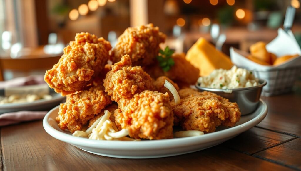 A beautifully arranged plate of crispy buttermilk chicken, showcasing golden-brown, crunchy skin glistening with a subtle sheen. The chicken pieces are artfully placed on a rustic wooden table, accompanied by a side of creamy coleslaw and fluffy cornbread muffin. The foreground highlights the textures of the crispy chicken and the vibrant colors of the sides, inviting a sense of appetite. In the middle ground, a softly blurred selection of restaurant table settings enhances the dining ambiance. The background features a warm, inviting atmosphere with soft, diffused lighting that suggests a cozy lunch setting. The overall mood is comforting and indulgent, evoking a sense of satisfaction and warmth, perfect for a casual yet refined dining experience. A beautifully arranged plate of crispy buttermilk chicken, showcasing golden-brown, crunchy skin glistening with a subtle sheen. The chicken pieces are artfully placed on a rustic wooden table, accompanied by a side of creamy coleslaw and fluffy cornbread muffin. The foreground highlights the textures of the crispy chicken and the vibrant colors of the sides, inviting a sense of appetite. In the middle ground, a softly blurred selection of restaurant table settings enhances the dining ambiance. The background features a warm, inviting atmosphere with soft, diffused lighting that suggests a cozy lunch setting. The overall mood is comforting and indulgent, evoking a sense of satisfaction and warmth, perfect for a casual yet refined dining experience.