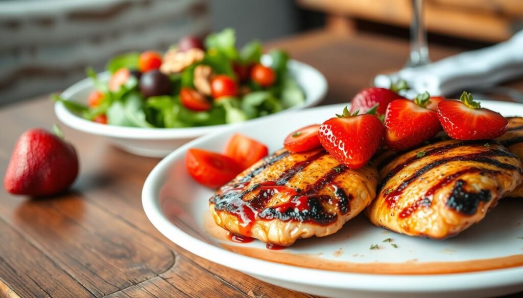 A beautifully arranged plate of grilled chicken with strawberry glaze, garnished with fresh strawberries and a sprinkle of herbs, centered in the foreground. The chicken is perfectly charred, showcasing juicy, succulent textures. In the middle ground, a vibrant side salad featuring mixed greens, cherry tomatoes, and nuts complements the dish. The background features a rustic wooden table setting with soft-focus, suggesting a cozy and inviting atmosphere indicative of a casual dining experience. Warm, natural lighting enhances the colors of the food, while a shallow depth of field focuses keenly on the grilled chicken dish, creating an appetizing mood perfect for a lunch special.