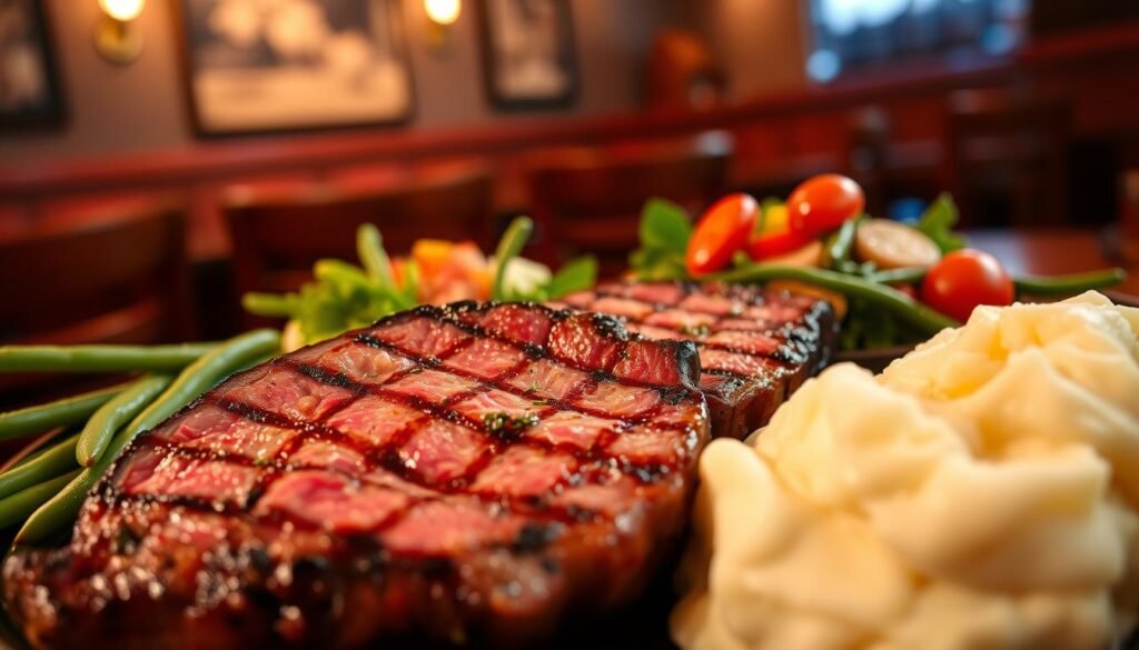 A beautifully arranged platter of signature steaks and culinary specialties, featuring a perfectly grilled ribeye steak, medium-rare with a juicy pink center. Surrounding the steak are colorful sides: garlic mashed potatoes with a creamy texture, sautéed green beans, and a vibrant house salad topped with cherry tomatoes. The foreground captures the textures and marbling of the meat with intricate details, while the middle ground showcases the sides elegantly plated. In the background, a warm and inviting rustic steakhouse ambiance with wooden furniture and dim, ambient lighting creates a cozy atmosphere. The scene is shot from a slightly elevated angle, using a soft focus to emphasize the food while creating a sense of depth. The mood is hearty and inviting, echoing a true steakhouse experience without any text or distractions. A beautifully arranged platter of signature steaks and culinary specialties, featuring a perfectly grilled ribeye steak, medium-rare with a juicy pink center. Surrounding the steak are colorful sides: garlic mashed potatoes with a creamy texture, sautéed green beans, and a vibrant house salad topped with cherry tomatoes. The foreground captures the textures and marbling of the meat with intricate details, while the middle ground showcases the sides elegantly plated. In the background, a warm and inviting rustic steakhouse ambiance with wooden furniture and dim, ambient lighting creates a cozy atmosphere. The scene is shot from a slightly elevated angle, using a soft focus to emphasize the food while creating a sense of depth. The mood is hearty and inviting, echoing a true steakhouse experience without any text or distractions.
