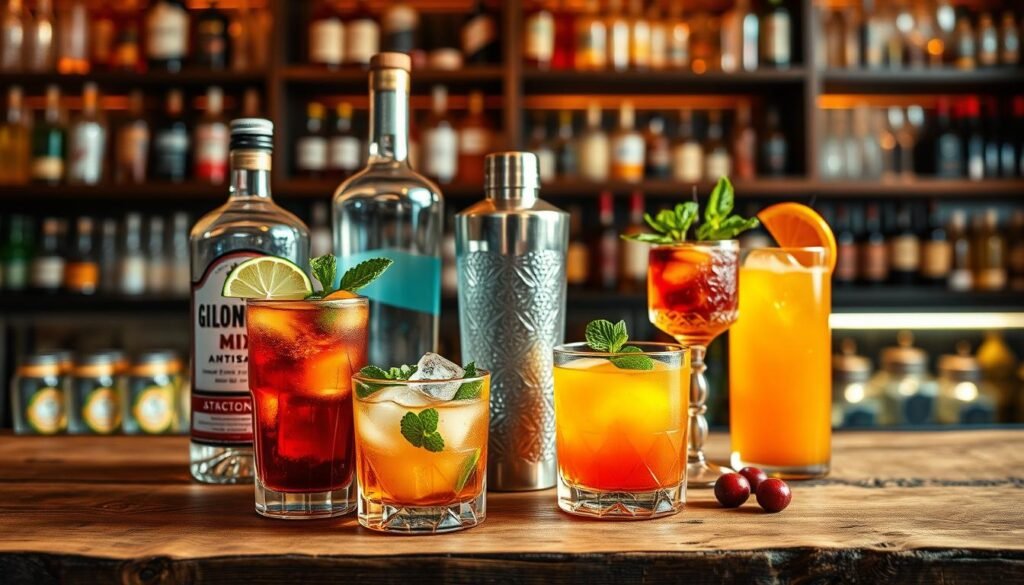 A beautifully arranged selection of hand-crafted beverages and cocktails displayed on a rustic wooden bar top. In the foreground, highlight a vibrant cocktail with a lime twist and fresh mint leaves, surrounded by a crystal glass filled with a colorful layered drink, ice cubes reflecting light. In the middle ground, showcase an elegant bottle of artisanal mixer, alongside a shaker and fresh fruits like oranges and berries adding a pop of color. The background features softly blurred shelves lined with an array of spirits and glasses, illuminated by warm, ambient lighting that creates a cozy atmosphere. Capture this scene from a slightly elevated angle to emphasize the drinks in focus while maintaining a sense of depth. Aim for a lively yet refined mood, perfect for evoking a sense of enjoyment and craftsmanship in the experience of cocktails. A beautifully arranged selection of hand-crafted beverages and cocktails displayed on a rustic wooden bar top. In the foreground, highlight a vibrant cocktail with a lime twist and fresh mint leaves, surrounded by a crystal glass filled with a colorful layered drink, ice cubes reflecting light. In the middle ground, showcase an elegant bottle of artisanal mixer, alongside a shaker and fresh fruits like oranges and berries adding a pop of color. The background features softly blurred shelves lined with an array of spirits and glasses, illuminated by warm, ambient lighting that creates a cozy atmosphere. Capture this scene from a slightly elevated angle to emphasize the drinks in focus while maintaining a sense of depth. Aim for a lively yet refined mood, perfect for evoking a sense of enjoyment and craftsmanship in the experience of cocktails.