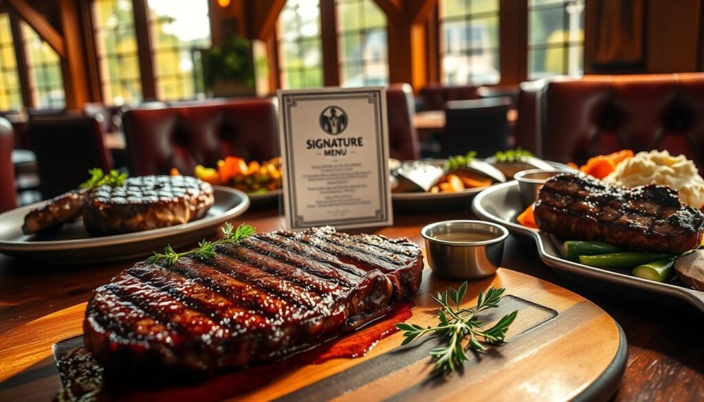 A beautifully arranged signature menu displayed on a rustic wooden table, showcasing a selection of premium cuts of beef, juicy steaks with grill marks, and vibrant sides of seasonal vegetables and creamy mashed potatoes. In the foreground, a perfectly cooked ribeye steak garnished with fresh herbs is the focal point, complemented by a small bowl of house-made steak sauce. In the middle, an elegant menu card with a steakhouse logo subtly indicates the offerings. The background features a softly lit cozy dining environment with wooden beams and leather chairs that evoke a warm, inviting atmosphere. The lighting is warm and natural, simulating late afternoon sunlight filtering through large windows, creating rich shadows and emphasizing the textures of the food. Capture this scene using a slightly elevated angle to showcase depth and detail, evoking a sense of dining in a classic steakhouse.
