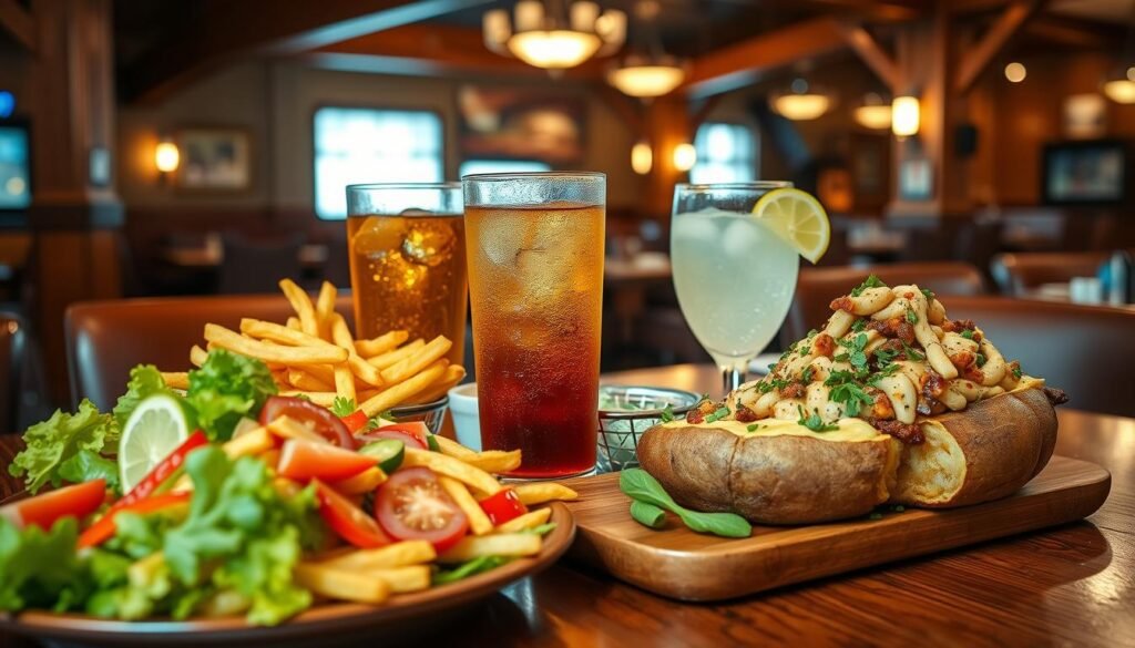 A beautifully arranged table at a cozy Longhorn Steakhouse, showcasing an inviting selection of sides and beverages enhancing a meal. In the foreground, a wooden table with a large, vibrant salad, crispy fries, and a loaded baked potato, glistening with toppings. In the middle, a pair of chilled, frosty glasses hold freshly poured iced tea and lemonade, beading with condensation. In the background, soft lighting casts a warm glow over the rustic decor of the steakhouse, with wooden beams and comfortable seating. The scene should convey a feeling of comfort and satisfaction, evoking the experience of enjoying a meal with family or friends. The focus should be on the delicious food and drinks, with a shallow depth of field to create a pleasant bokeh effect on the background. A beautifully arranged table at a cozy Longhorn Steakhouse, showcasing an inviting selection of sides and beverages enhancing a meal. In the foreground, a wooden table with a large, vibrant salad, crispy fries, and a loaded baked potato, glistening with toppings. In the middle, a pair of chilled, frosty glasses hold freshly poured iced tea and lemonade, beading with condensation. In the background, soft lighting casts a warm glow over the rustic decor of the steakhouse, with wooden beams and comfortable seating. The scene should convey a feeling of comfort and satisfaction, evoking the experience of enjoying a meal with family or friends. The focus should be on the delicious food and drinks, with a shallow depth of field to create a pleasant bokeh effect on the background.