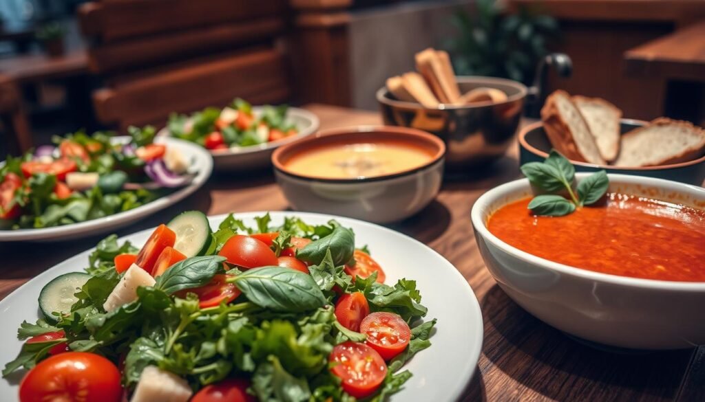 A beautifully arranged table featuring an array of fresh salads and hearty soups. In the foreground, display a vibrant mixed salad with crisp greens, cherry tomatoes, cucumber slices, and a light vinaigrette, alongside a bowl of rich, steaming tomato basil soup garnished with fresh basil leaves. In the middle, showcase a creamy potato leek soup served in an elegant bowl, with rustic bread slices on the side. The background should include a softly lit restaurant atmosphere with wooden accents and a hint of greenery. Use warm, inviting lighting, and capture the scene from a slightly elevated angle to give depth and appeal, creating a cozy and appetizing mood perfect for a dining experience.