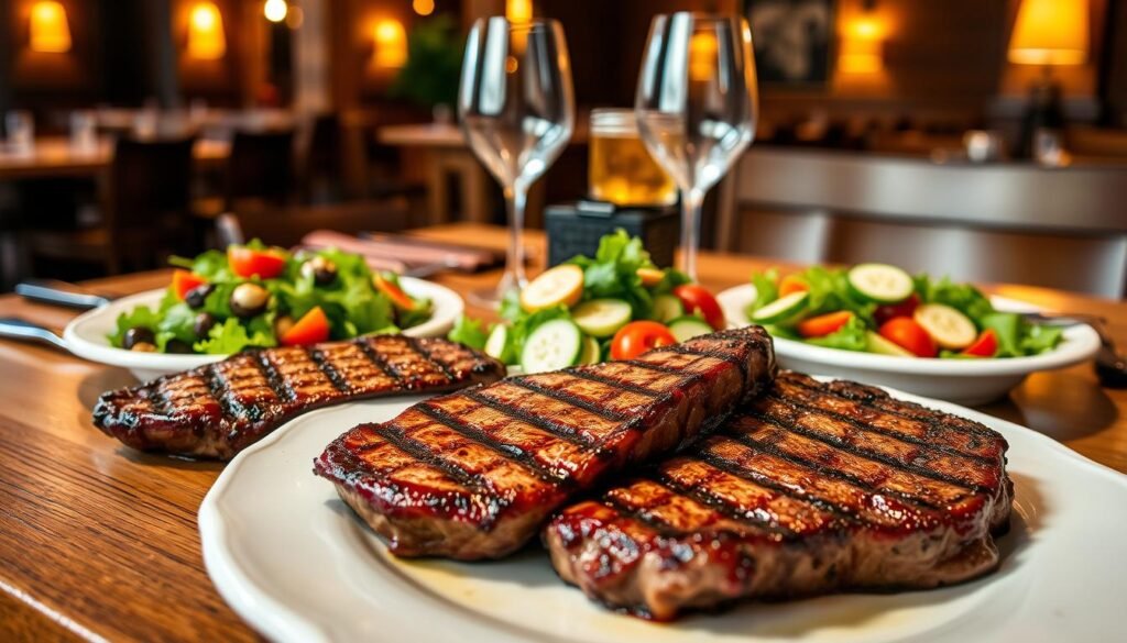 A beautifully arranged table set for dinner featuring fire-grilled steaks and colorful salads. In the foreground, two perfectly seared, juicy steaks, with grill marks visible, glisten under soft, warm lighting. Beside them, a vibrant salad with mixed greens, cherry tomatoes, and sliced cucumbers, drizzled with a light vinaigrette dressing. In the middle, rustic wooden table settings adorned with elegant cutlery and wine glasses, hinting at a sophisticated yet cozy dining experience. The background reveals an inviting restaurant ambiance with blurred wooden decor and warm, ambient lighting, creating a welcoming atmosphere. Capture this scene from a slightly elevated angle to emphasize the dishes and table setting, evoking a sense of indulgence and warmth of a Longhorn Steakhouse dinner.