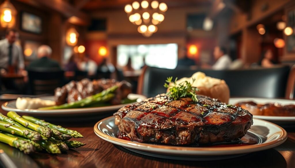 A beautifully arranged table showcasing a signature steak meal at Longhorn Steakhouse, with a perfectly grilled ribeye, garnished with fresh herbs and accompanied by delicious sides like grilled asparagus and loaded potato. The focus is on the succulent steak, glistening under soft, warm lighting that highlights its textures. In the background, a cozy, rustic dining room atmosphere with wooden accents and warm hues, featuring a faint outline of patrons enjoying their meals. The scene captures the inviting ambiance and enticing aroma of sizzling meat, creating a mouthwatering visual appeal. Shot with a shallow depth of field to emphasize the meal in the foreground, conveying a warm and welcoming mood that reflects the essence of the restaurant's signature offerings. A beautifully arranged table showcasing a signature steak meal at Longhorn Steakhouse, with a perfectly grilled ribeye, garnished with fresh herbs and accompanied by delicious sides like grilled asparagus and loaded potato. The focus is on the succulent steak, glistening under soft, warm lighting that highlights its textures. In the background, a cozy, rustic dining room atmosphere with wooden accents and warm hues, featuring a faint outline of patrons enjoying their meals. The scene captures the inviting ambiance and enticing aroma of sizzling meat, creating a mouthwatering visual appeal. Shot with a shallow depth of field to emphasize the meal in the foreground, conveying a warm and welcoming mood that reflects the essence of the restaurant's signature offerings.