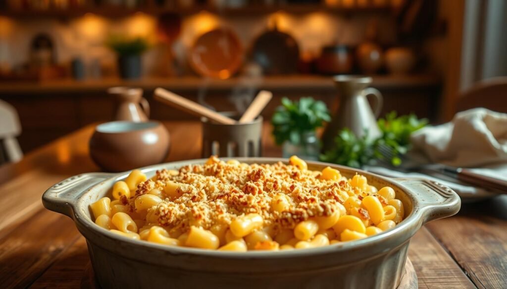 A beautifully baked mac and cheese dish, golden and bubbly, sits prominently in a rustic ceramic baking dish, with crispy breadcrumbs sprinkled generously on top. The foreground showcases the dish, steam wafting gently upwards, emphasizing its warmth and freshness. In the middle ground, a wooden table is adorned with vintage utensils and a side of fresh herbs, enhancing the homely atmosphere. The background features a softly lit kitchen space, with warm, ambient lighting casting a cozy glow, creating inviting shadows. The angle is slightly overhead to capture the dish’s texture and color contrast. The overall mood is one of comfort and indulgence, ideal for showcasing the art of baking mac and cheese to golden perfection.
