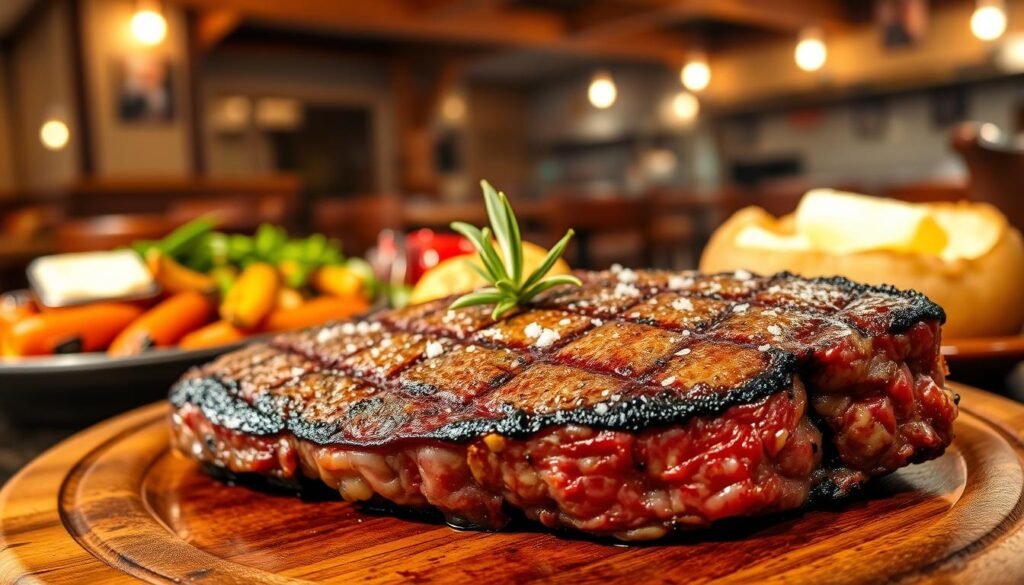 A beautifully cooked, medium-rare steak, perfectly seared with grill marks, sits on a rustic wooden plate. The steak is garnished with a sprig of fresh rosemary and a sprinkle of sea salt, glistening under warm, natural light. In the foreground, the focus is on the juicy meat, with a rich, savory crust that captures the essence of grill master specialties. In the middle ground, a few side dishes—a colorful medley of grilled vegetables and a baked potato with butter—complement the meal. The background features the warm ambiance of a cozy steakhouse, with soft lighting, wooden beams, and a hint of a bustling kitchen. The overall mood is inviting and appetizing, enticing viewers to imagine the delicious flavors. A beautifully cooked, medium-rare steak, perfectly seared with grill marks, sits on a rustic wooden plate. The steak is garnished with a sprig of fresh rosemary and a sprinkle of sea salt, glistening under warm, natural light. In the foreground, the focus is on the juicy meat, with a rich, savory crust that captures the essence of grill master specialties. In the middle ground, a few side dishes—a colorful medley of grilled vegetables and a baked potato with butter—complement the meal. The background features the warm ambiance of a cozy steakhouse, with soft lighting, wooden beams, and a hint of a bustling kitchen. The overall mood is inviting and appetizing, enticing viewers to imagine the delicious flavors.