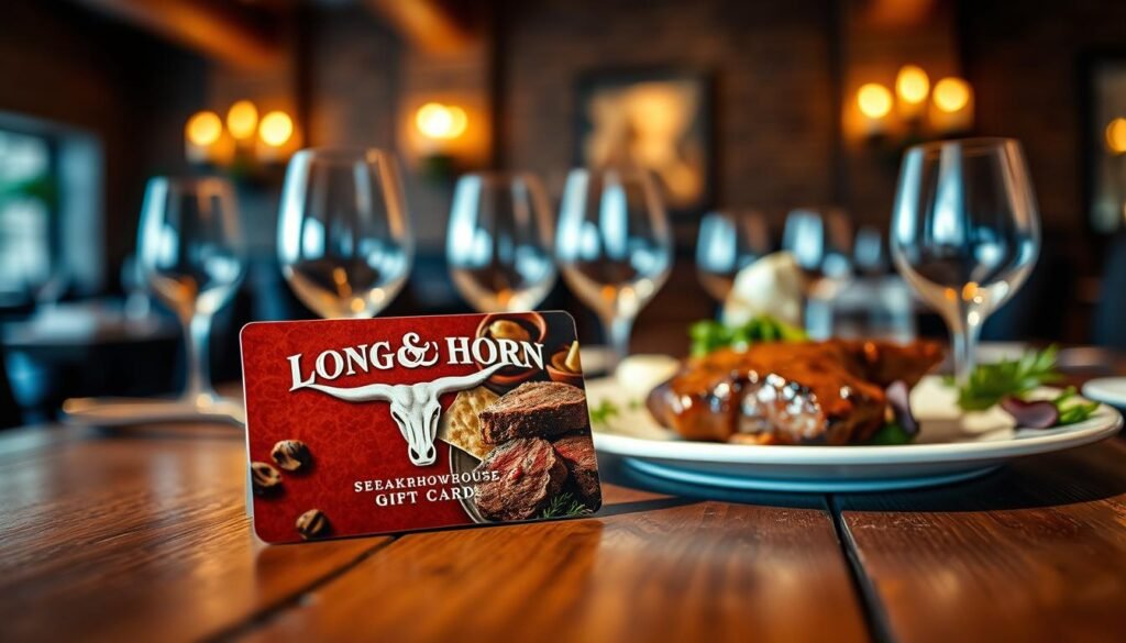 A beautifully designed Longhorn Steakhouse gift card resting on a rustic wooden table in a dimly lit steakhouse environment. The foreground features the gift card prominently, showcasing its rich colors and textures, with the iconic Longhorn logo and inviting imagery of steak. In the middle ground, a subtly blurred out steak dinner setting with elegant tableware, hints of fresh herbs, and a smooth wooden surface enhances the theme of dining. The background reveals soft, ambient lighting from candle sconces, creating a warm, cozy atmosphere. The shot is captured at eye level with a shallow depth of field to emphasize the gift card while giving a slight bokeh effect to the dining scene, evoking a sense of warmth and indulgence that complements the choice of gifting options.