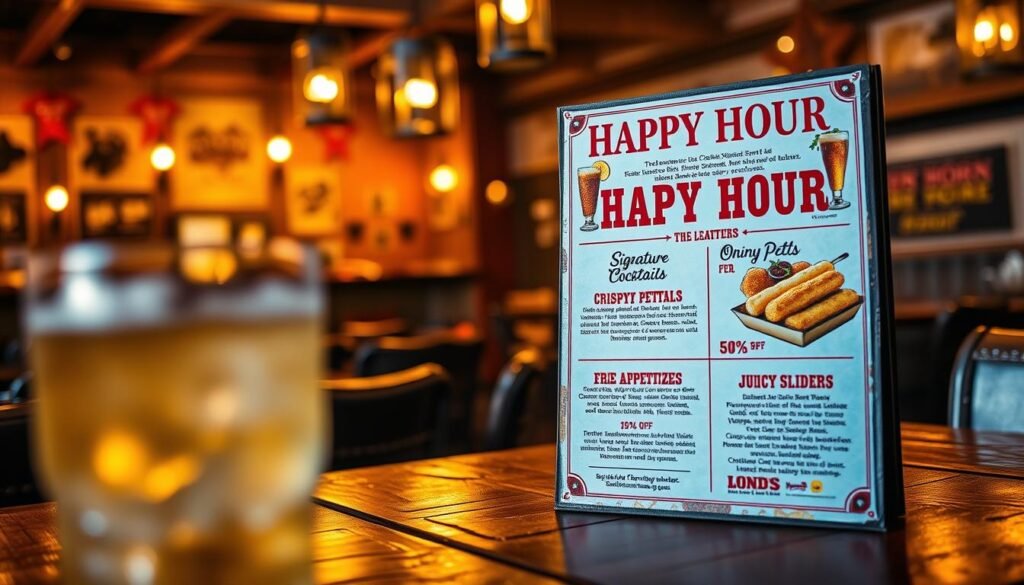 A beautifully designed happy hour menu displayed prominently on a rustic wooden table at Longhorn Steakhouse. The menu features vibrant images of signature cocktails, appetizers, and discounted beers, with a focus on mouthwatering items like crispy onion petals and juicy sliders. In the foreground, soft bokeh effects highlight a cold drink with condensation, creating a refreshing vibe. In the middle ground, a cozy, inviting atmosphere is set with warm, ambient lighting from hanging lanterns, casting a golden glow over the scene. The background shows the restaurant’s signature cowboy-themed decor, adding to the authenticity. The overall mood is cheerful and relaxed, perfect for enjoying a delightful happy hour experience with friends. No text, captions, or watermarks present.