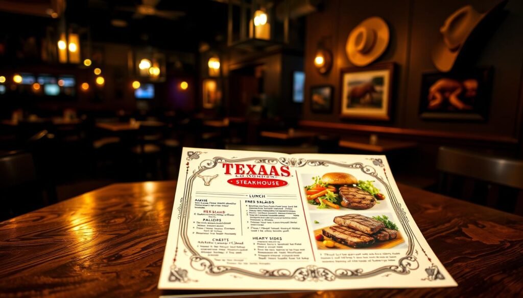 A beautifully designed lunch menu for Texas Longhorn Steakhouse, prominently displayed on a rustic wooden table. The foreground features a vibrant menu with enticing images of savory dishes like grilled steaks, fresh salads, and hearty sides. The menu is ornate with elegant borders reflecting a Texan theme of cattle ranching. In the middle background, the warm ambiance of the restaurant is visible, with dim lighting creating a cozy, inviting atmosphere. Soft shadows cast by hanging lanterns enhance the mood. A hint of Texas decor, such as cowboy hats and rustic art, can be seen on the walls. The image is captured at eye-level with a moderate depth of field, ensuring the menu remains the focal point, evoking a sense of comfort and anticipation for a delicious meal.