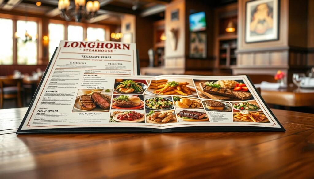 A beautifully designed restaurant menu prominently featuring Longhorn Steakhouse dishes, showcased on a rustic wooden table. In the foreground, a close-up of the menu, with elegant typography outlining popular items such as steak, burgers, and sides. The middle section displays a selection of mouthwatering food photographs, including perfectly grilled steaks, salads, and desserts, all with vibrant colors that highlight freshness. The background features a warm, inviting restaurant ambiance with soft lighting, wooden accents, and tasteful decor, evoking a cozy dining atmosphere. The overall mood is appetizing and inviting, encouraging exploration of the menu items. The image should be shot with a slightly shallow depth of field to emphasize the menu, with natural lighting to enhance the warm tones.