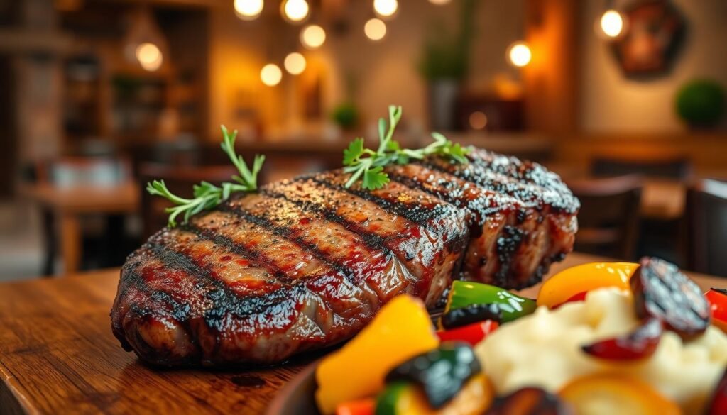 A beautifully grilled steak, perfectly seared with a caramelized crust, sits prominently on a rustic wooden table. The steak is thick-cut, juicy, and garnished with fresh herbs, such as rosemary and parsley, lending a vibrant green contrast. In the foreground, a side of creamy mashed potatoes and a colorful medley of grilled vegetables, including bell peppers and zucchini, adds to the meal's appeal. The background features softly blurred rustic restaurant decor, with warm, inviting lighting that creates a cozy atmosphere. The image is shot from a slight overhead angle to capture the textures and details of the steak, emphasizing the artistry of the dish. The warm tones evoke a sense of comfort and indulgence, making it an enticing representation of signature steaks. A beautifully grilled steak, perfectly seared with a caramelized crust, sits prominently on a rustic wooden table. The steak is thick-cut, juicy, and garnished with fresh herbs, such as rosemary and parsley, lending a vibrant green contrast. In the foreground, a side of creamy mashed potatoes and a colorful medley of grilled vegetables, including bell peppers and zucchini, adds to the meal's appeal. The background features softly blurred rustic restaurant decor, with warm, inviting lighting that creates a cozy atmosphere. The image is shot from a slight overhead angle to capture the textures and details of the steak, emphasizing the artistry of the dish. The warm tones evoke a sense of comfort and indulgence, making it an enticing representation of signature steaks.