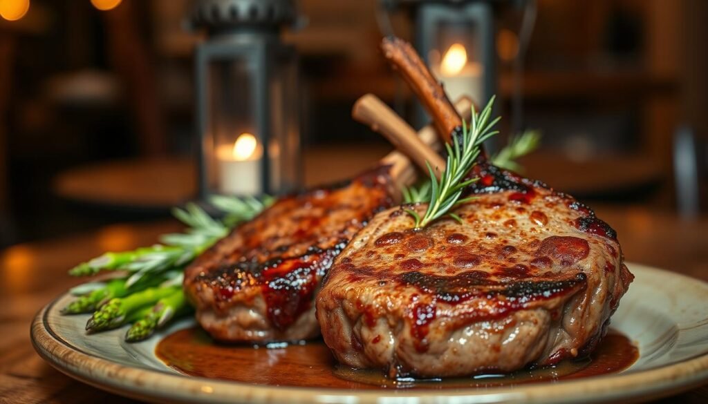 A beautifully plated dish of Longhorn Steakhouse lamb chops, featuring two perfectly seared, juicy lamb chops with a rich, brown crust, garnished with fresh rosemary sprigs and a side of vibrant grilled asparagus. The foreground highlights the succulent details of the meat and glaze, showcasing the tender texture and sizzling juices. In the middle, a rustic wooden table enhances the presentation, while a warm, inviting atmosphere is created by soft, golden lighting from a nearby lantern. The background softly fades into a blurred dining setting, suggesting a cozy steakhouse ambiance. The overall mood is inviting and appetizing, perfect for showcasing essential ingredients in a gourmet dish. The image captures the essence of indulgence and culinary expertise without any text or distractions. A beautifully plated dish of Longhorn Steakhouse lamb chops, featuring two perfectly seared, juicy lamb chops with a rich, brown crust, garnished with fresh rosemary sprigs and a side of vibrant grilled asparagus. The foreground highlights the succulent details of the meat and glaze, showcasing the tender texture and sizzling juices. In the middle, a rustic wooden table enhances the presentation, while a warm, inviting atmosphere is created by soft, golden lighting from a nearby lantern. The background softly fades into a blurred dining setting, suggesting a cozy steakhouse ambiance. The overall mood is inviting and appetizing, perfect for showcasing essential ingredients in a gourmet dish. The image captures the essence of indulgence and culinary expertise without any text or distractions.