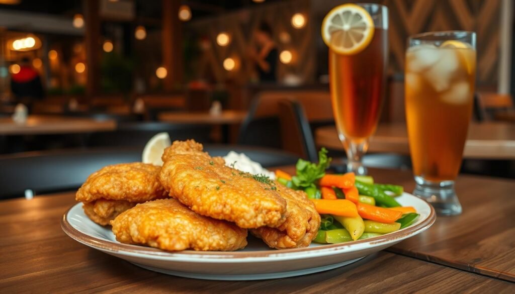 A beautifully plated dish of crispy, golden-brown fried chicken, arranged attractively on a rustic wooden table. In the foreground, the chicken is garnished with fresh herbs and served alongside a side of creamy mashed potatoes and vibrant steamed vegetables. The middle ground features a glass of iced tea with a lemon slice, exuding a refreshing vibe. The background hints at a welcoming restaurant atmosphere with warm, ambient lighting and hints of wooden accents and dimly lit lanterns. The scene conveys a cozy and inviting mood, perfect for a casual dining experience. The angle is slightly top-down, showcasing the delicious details of the meal, inviting the viewer to savor the flavors of a delightful lunch. A beautifully plated dish of crispy, golden-brown fried chicken, arranged attractively on a rustic wooden table. In the foreground, the chicken is garnished with fresh herbs and served alongside a side of creamy mashed potatoes and vibrant steamed vegetables. The middle ground features a glass of iced tea with a lemon slice, exuding a refreshing vibe. The background hints at a welcoming restaurant atmosphere with warm, ambient lighting and hints of wooden accents and dimly lit lanterns. The scene conveys a cozy and inviting mood, perfect for a casual dining experience. The angle is slightly top-down, showcasing the delicious details of the meal, inviting the viewer to savor the flavors of a delightful lunch.