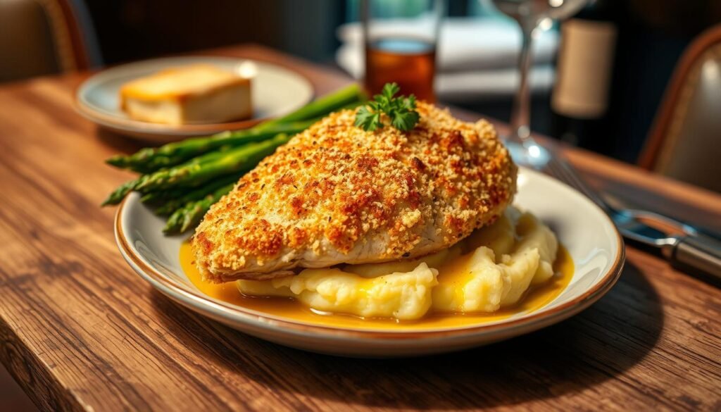 A beautifully plated dish of parmesan crusted chicken, showcasing the golden, crispy crust perfectly adhered to the tender chicken breast. The chicken is garnished with fresh parsley and served atop a bed of creamy garlic mashed potatoes, with a side of vibrant steamed asparagus drizzled with olive oil. The scene is set on a rustic wooden table, with warm, soft lighting that creates an inviting atmosphere. In the background, a blurred, elegant dining setting hints at a cozy restaurant experience. The image captures the textures and colors of the meal, emphasizing the deliciousness and homely comfort of this popular dish. Focused on creating an appetizing, gourmet presentation, the angle is slightly overhead to highlight the dish’s details without any distractions. A beautifully plated dish of parmesan crusted chicken, showcasing the golden, crispy crust perfectly adhered to the tender chicken breast. The chicken is garnished with fresh parsley and served atop a bed of creamy garlic mashed potatoes, with a side of vibrant steamed asparagus drizzled with olive oil. The scene is set on a rustic wooden table, with warm, soft lighting that creates an inviting atmosphere. In the background, a blurred, elegant dining setting hints at a cozy restaurant experience. The image captures the textures and colors of the meal, emphasizing the deliciousness and homely comfort of this popular dish. Focused on creating an appetizing, gourmet presentation, the angle is slightly overhead to highlight the dish’s details without any distractions.