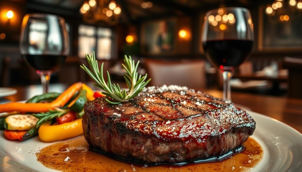 A beautifully plated filet steak, perfectly cooked to a medium-rare, glistening with a rich, savory glaze. The foreground features the steak garnished with fresh rosemary sprigs and a scattering of coarse sea salt, enhancing its appetizing appearance. In the middle ground, a side of seasonal grilled vegetables, such as vibrant bell peppers and zucchini, complements the steak, while a glass of deep red wine adds a touch of sophistication. The background showcases the warm ambiance of a rustic steakhouse, with soft, ambient lighting casting a golden glow across wooden tables and dimly lit chandeliers. Capture this scene from a slight overhead angle, emphasizing the delicious textures of the steak while creating a cozy, inviting atmosphere that reflects the legendary experience of dining at a steakhouse. A beautifully plated filet steak, perfectly cooked to a medium-rare, glistening with a rich, savory glaze. The foreground features the steak garnished with fresh rosemary sprigs and a scattering of coarse sea salt, enhancing its appetizing appearance. In the middle ground, a side of seasonal grilled vegetables, such as vibrant bell peppers and zucchini, complements the steak, while a glass of deep red wine adds a touch of sophistication. The background showcases the warm ambiance of a rustic steakhouse, with soft, ambient lighting casting a golden glow across wooden tables and dimly lit chandeliers. Capture this scene from a slight overhead angle, emphasizing the delicious textures of the steak while creating a cozy, inviting atmosphere that reflects the legendary experience of dining at a steakhouse.