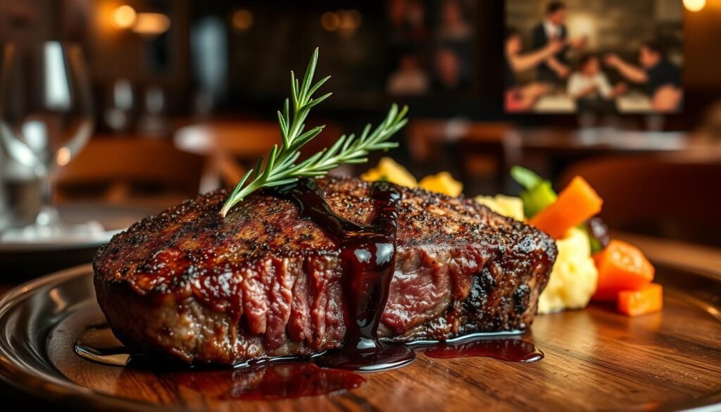 A beautifully plated flo filet steak, perfectly cooked to medium-rare, showcasing a beautiful sear with a rich, caramelized crust. The steak sits prominently in the foreground, garnished with fresh rosemary and a drizzle of balsamic reduction, adding a touch of elegance. Surrounding the steak, a side of buttery mashed potatoes and seasonal vegetables adds color and contrast. In the middle ground, a rustic wooden table enhances the dining atmosphere, with soft lighting highlighting the steak’s texture and juiciness. The background features a subtle blurred vignette of a cozy steakhouse setting, with warm tones and intimate table settings, creating a welcoming ambiance. The overall mood is indulgent and inviting, capturing the essence of a signature steak experience.