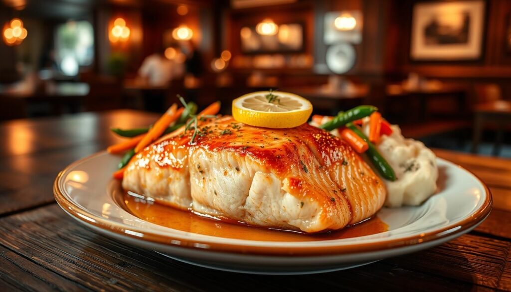 A beautifully plated longhorn salmon dish, set on a rustic wooden table. The salmon fillet is perfectly cooked, glistening with a light glaze and garnished with fresh herbs and lemon slices. Beside it, a side of vibrant seasonal vegetables and creamy mashed potatoes adds color to the composition. In the background, a cozy restaurant ambiance is suggested with dim, warm lighting highlighting the main dish, creating a welcoming atmosphere. The angle is slightly elevated, showcasing the dish from a side perspective to capture the textures of the salmon and sides. The mood is inviting and appetizing, ideal for emphasizing a signature entree in a classic steakhouse setting.
