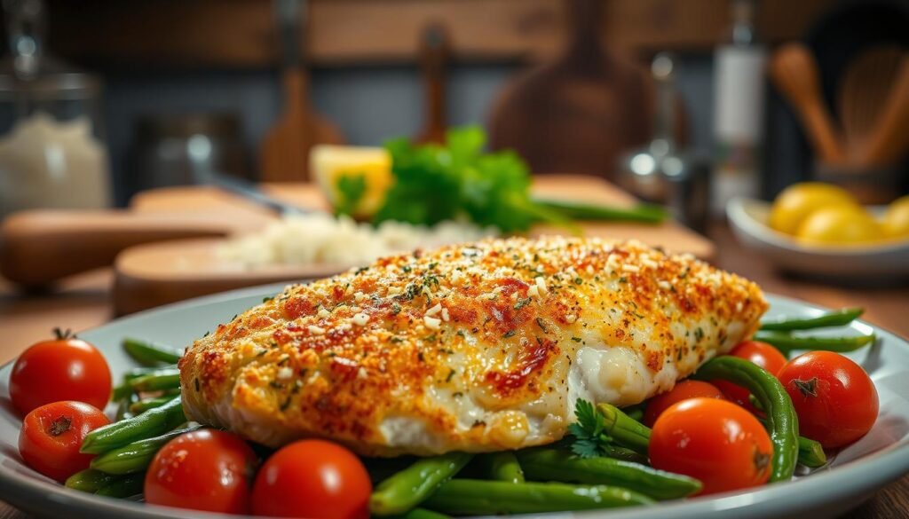 A beautifully plated parmesan crusted chicken breast sits in the foreground, glistening with a golden-brown crust that reveals perfectly melted cheese and herbs. The chicken is arranged atop a bed of vibrant sautéed green beans and roasted cherry tomatoes, enhancing the colorful presentation. In the middle, there’s a wooden cutting board adorned with a sprinkling of parmesan cheese and fresh parsley, emphasizing the ingredient's freshness. In the background, a rustic kitchen setting is softly lit, with warm, inviting downlighting that casts gentle shadows. The focus is sharp on the chicken, with a shallow depth of field blurring the background slightly, creating a cozy yet elegant atmosphere that highlights the dish's appetizing appeal. A beautifully plated parmesan crusted chicken breast sits in the foreground, glistening with a golden-brown crust that reveals perfectly melted cheese and herbs. The chicken is arranged atop a bed of vibrant sautéed green beans and roasted cherry tomatoes, enhancing the colorful presentation. In the middle, there’s a wooden cutting board adorned with a sprinkling of parmesan cheese and fresh parsley, emphasizing the ingredient's freshness. In the background, a rustic kitchen setting is softly lit, with warm, inviting downlighting that casts gentle shadows. The focus is sharp on the chicken, with a shallow depth of field blurring the background slightly, creating a cozy yet elegant atmosphere that highlights the dish's appetizing appeal.