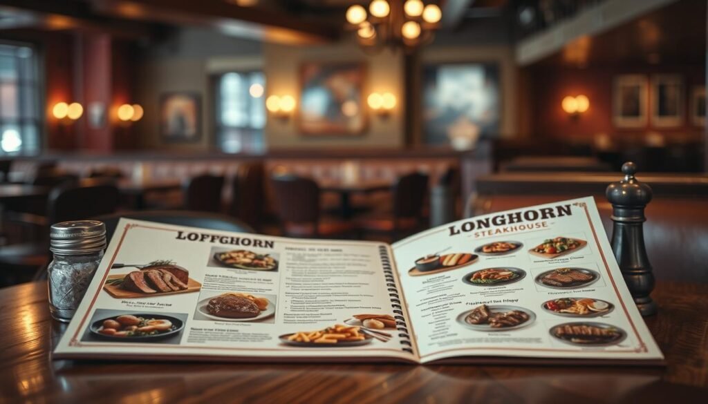 A beautifully presented Longhorn Steakhouse menu laid out on a rustic wooden table. In the foreground, an open menu displaying mouth-watering images of steak dishes, appetizers, and sides, surrounded by small decorative elements like a salt shaker and a pepper mill. In the middle ground, a blurred ambiance of a cozy steakhouse interior with warm lighting, wooden accents, and comfortable seating. The background features soft, dim light emanating from glowing sconces, creating an inviting atmosphere. The scene is captured at a slight angle, giving depth to the composition, and the warm color palette evokes a sense of comfort and indulgence, inviting diners to explore the menu offerings in a delightful setting. A beautifully presented Longhorn Steakhouse menu laid out on a rustic wooden table. In the foreground, an open menu displaying mouth-watering images of steak dishes, appetizers, and sides, surrounded by small decorative elements like a salt shaker and a pepper mill. In the middle ground, a blurred ambiance of a cozy steakhouse interior with warm lighting, wooden accents, and comfortable seating. The background features soft, dim light emanating from glowing sconces, creating an inviting atmosphere. The scene is captured at a slight angle, giving depth to the composition, and the warm color palette evokes a sense of comfort and indulgence, inviting diners to explore the menu offerings in a delightful setting.