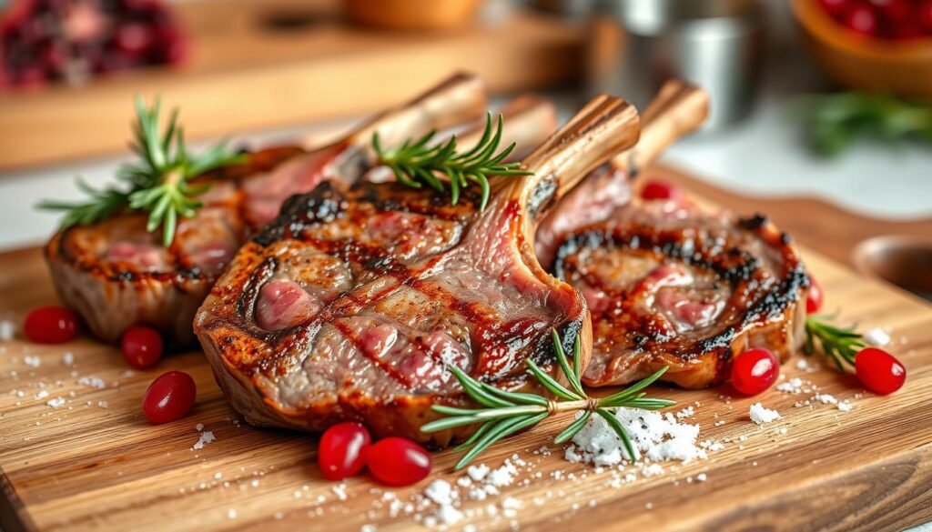 A beautifully styled plate of succulent lamb chops, perfectly seared with a golden-brown crust, showcasing the rich marbling of the meat. In the foreground, the lamb chops are garnished with fresh rosemary sprigs and vibrant pomegranate seeds, adding a pop of color and hint of freshness. The middle ground features a rustic wooden cutting board with a sprinkle of coarse sea salt and cracked black pepper, accentuating the culinary preparation process. In the background, a softly blurred kitchen setting creates an inviting atmosphere, with warm lighting highlighting the textures of the food. The image is shot from a slightly elevated angle to capture the details of the lamb chops and the garnishes, evoking a sense of gourmet sophistication and deliciousness. A beautifully styled plate of succulent lamb chops, perfectly seared with a golden-brown crust, showcasing the rich marbling of the meat. In the foreground, the lamb chops are garnished with fresh rosemary sprigs and vibrant pomegranate seeds, adding a pop of color and hint of freshness. The middle ground features a rustic wooden cutting board with a sprinkle of coarse sea salt and cracked black pepper, accentuating the culinary preparation process. In the background, a softly blurred kitchen setting creates an inviting atmosphere, with warm lighting highlighting the textures of the food. The image is shot from a slightly elevated angle to capture the details of the lamb chops and the garnishes, evoking a sense of gourmet sophistication and deliciousness.