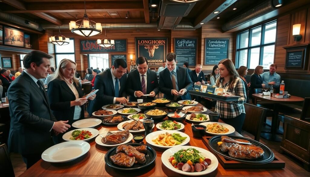 A bustling Longhorn Steakhouse restaurant interior, showcasing a large wooden table filled with an array of beautifully plated steaks, sides, and salads ready for bulk orders. In the foreground, a diverse group of four professionals in smart business attire are engaged in discussion, reviewing a menu together. The middle ground features waitstaff efficiently handling large trays filled with gift cards and promotional items for corporate clients. The ambiance is warm and inviting, with soft overhead lighting highlighting rustic wooden decor and vibrant steakhouse imagery. In the background, a chalkboard displays daily specials, while patrons enjoy a lively atmosphere. Use a wide-angle lens to capture the depth of the setting, reflecting a mood of camaraderie and business engagement.