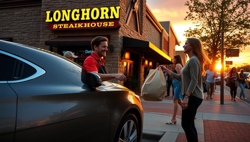 A busy curbside pickup area outside a Longhorn Steakhouse in an urban setting. In the foreground, a sleek gray car is parked, with a friendly staff member in a red polo shirt and black apron handing over a large takeout bag to a smiling customer, dressed in casual but neat clothing. In the middle ground, the restaurant's recognizable stone facade with its warm lighting emits a welcoming glow during early evening. The background features a vibrant sunset sky, casting soft golden and pink hues, along with bustling street activity of other patrons enjoying takeout. The image is captured from a slightly elevated angle, creating a dynamic view that emphasizes convenience and friendly service, evoking a mood of warmth and community. A busy curbside pickup area outside a Longhorn Steakhouse in an urban setting. In the foreground, a sleek gray car is parked, with a friendly staff member in a red polo shirt and black apron handing over a large takeout bag to a smiling customer, dressed in casual but neat clothing. In the middle ground, the restaurant's recognizable stone facade with its warm lighting emits a welcoming glow during early evening. The background features a vibrant sunset sky, casting soft golden and pink hues, along with bustling street activity of other patrons enjoying takeout. The image is captured from a slightly elevated angle, creating a dynamic view that emphasizes convenience and friendly service, evoking a mood of warmth and community.