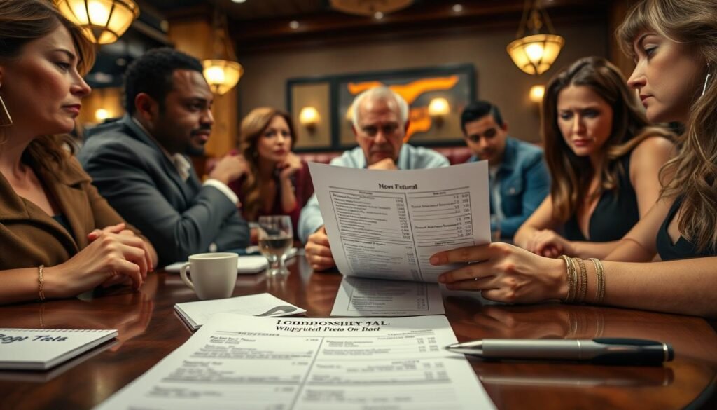 A close-up view of a restaurant table at Longhorn Steakhouse, featuring a diverse group of diners in professional casual attire, looking concerned while examining a bill. The foreground shows the bill with noticeable tipping options highlighted, a small notepad, and a pen lying next to it. In the middle ground, the diners are engaged in a discussion, their expressions reflecting confusion and frustration. The background displays the warm, rustic decor typical of Longhorn Steakhouse, with dim lighting that creates a cozy atmosphere. The angle is slightly elevated, giving a comprehensive view of the table setting. The overall mood is serious and contemplative, emphasizing the theme of billing concerns in a dining experience.