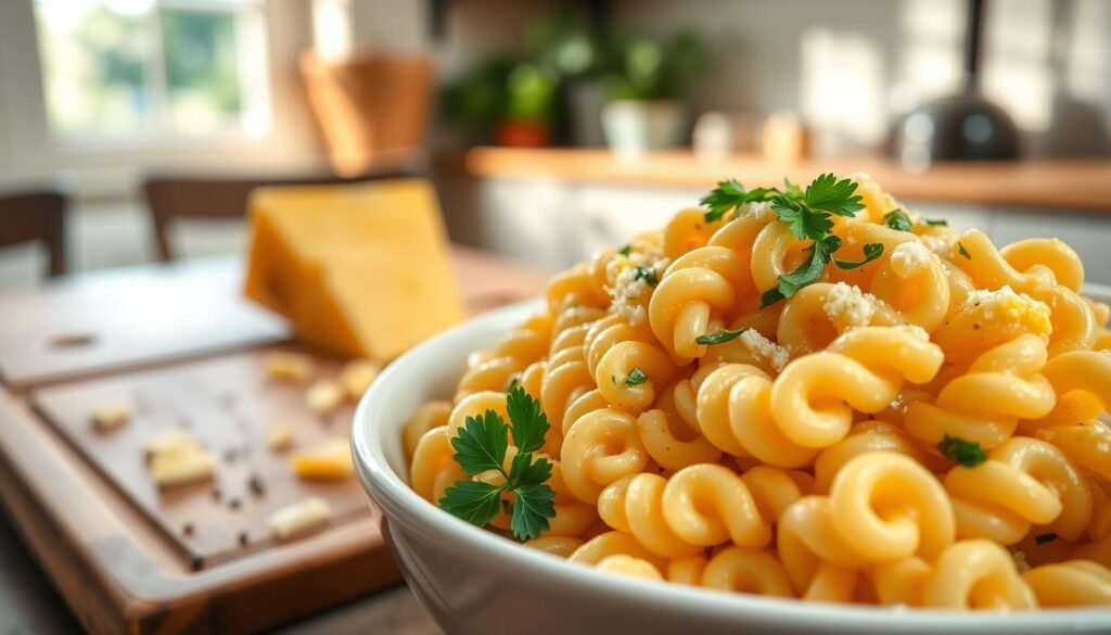 A close-up view of cavatappi pasta, showcasing its distinctive spiral shape and ridged surface, tossed in a creamy, rich cheese sauce with hints of melted cheddar and mozzarella. In the foreground, a white bowl filled with the pasta is artfully decorated with freshly chopped parsley for a pop of color. The middle ground features a wooden cutting board with a few broken pieces of cheese and a sprinkle of black pepper surrounding the bowl, enhancing the homely, inviting atmosphere. The background consists of a softly blurred, warmly lit kitchen setting, suggesting a cozy dining experience. Natural light cascades from a nearby window, creating gentle highlights on the pasta, while the overall mood is warm and indulgent, perfect for a comforting steakhouse dish.