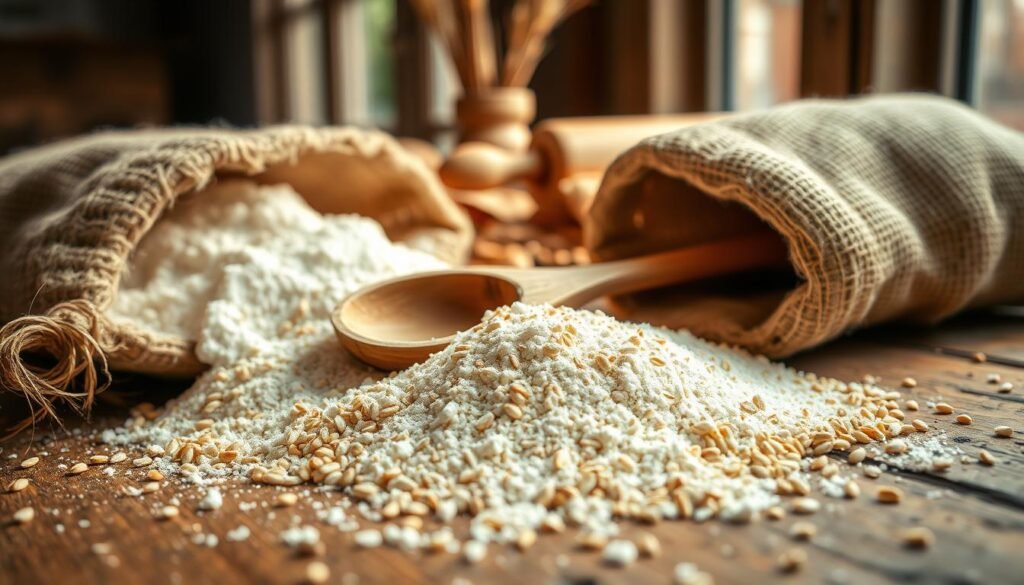 A close-up view of whole wheat flour spilling from a burlap sack, with grains scattered across a rustic wooden table. In the foreground, focus on the fine texture and earthy color of the flour, highlighting its wholesome appearance. In the middle ground, place a wooden spoon resting beside the sack, suggesting a sense of preparation. In the background, softly blurred elements like wheat stalks and a vintage rolling pin add to the artisanal atmosphere. The lighting is warm and natural, streaming in from a nearby window, casting gentle shadows that enhance the flour’s details. The overall mood is rustic and inviting, evoking a sense of authenticity and comfort. A close-up view of whole wheat flour spilling from a burlap sack, with grains scattered across a rustic wooden table. In the foreground, focus on the fine texture and earthy color of the flour, highlighting its wholesome appearance. In the middle ground, place a wooden spoon resting beside the sack, suggesting a sense of preparation. In the background, softly blurred elements like wheat stalks and a vintage rolling pin add to the artisanal atmosphere. The lighting is warm and natural, streaming in from a nearby window, casting gentle shadows that enhance the flour’s details. The overall mood is rustic and inviting, evoking a sense of authenticity and comfort.