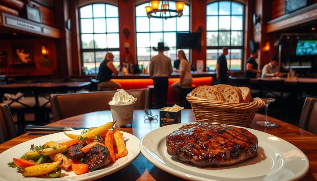A cozy interior view of a Longhorn Steakhouse, featuring a rustic wooden decor with warm lighting that creates an inviting atmosphere. In the foreground, a beautifully set dining table with plates of perfectly cooked steak, seasonal vegetables, and a basket of freshly baked bread. The middle ground showcases the bar area with an array of drinks and attentive staff in smart casual attire serving customers. In the background, large windows reveal the vibrant San Angelo scenery outside, allowing natural light to filter in. The overall mood is inviting and warm, emphasizing a communal dining experience. Use a slight vignette effect for a professional and polished look, capturing the essence of a signature steakhouse dining experience.