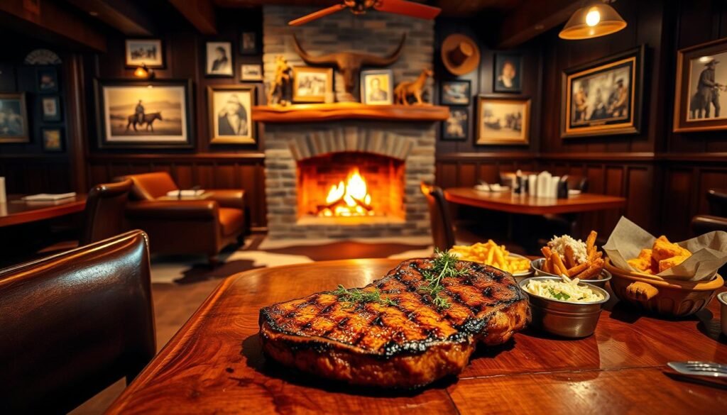 A cozy, inviting Texas Longhorn steakhouse interior, showcasing rich wooden accents and warm lighting. In the foreground, a beautifully set rustic wooden table with a deliciously grilled Texas Longhorn steak, garnished with fresh herbs, and a side of traditional sides like coleslaw and baked potatoes. The middle ground features a roaring fireplace, enhancing the warmth of the space, with leather chairs and cowhide rugs creating a comfortable atmosphere. In the background, framed photographs and memorabilia tell the story of the steakhouse's heritage, with dark wood paneling and decorative cowboy-themed art. The overall mood is warm, nostalgic, and welcoming, evoking a sense of history and tradition. Soft, dim lighting highlights the sumptuous food and creates an intimate setting, all captured from a slightly elevated angle to showcase the depth of the space.