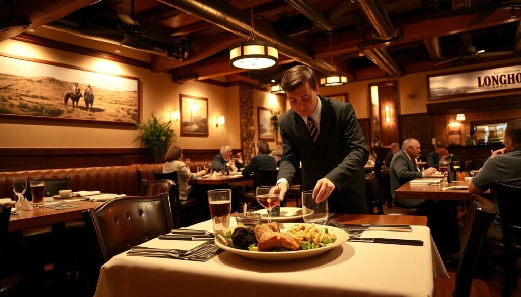 A cozy, inviting atmosphere depicting the interior of Longhorn Steakhouse in Bakersfield, Kern County. In the foreground, a well-set table with rustic wooden accents and elegant tableware, featuring a delicious meal being served by a professional staff member in smart casual attire. The middle ground showcases warm lighting that creates a welcoming environment, with patrons enjoying their meals and engaging in friendly conversation. The background includes the restaurant's signature Western-style decor, such as wooden beams, artwork depicting local landscapes, and soft ambient lighting that enhances the coziness. A warm color palette of browns and golds evokes a sense of comfort and community, capturing the essence of service and atmosphere unique to Kern County. The angle is slightly elevated, providing an overall view of the inviting dining scene. A cozy, inviting atmosphere depicting the interior of Longhorn Steakhouse in Bakersfield, Kern County. In the foreground, a well-set table with rustic wooden accents and elegant tableware, featuring a delicious meal being served by a professional staff member in smart casual attire. The middle ground showcases warm lighting that creates a welcoming environment, with patrons enjoying their meals and engaging in friendly conversation. The background includes the restaurant's signature Western-style decor, such as wooden beams, artwork depicting local landscapes, and soft ambient lighting that enhances the coziness. A warm color palette of browns and golds evokes a sense of comfort and community, capturing the essence of service and atmosphere unique to Kern County. The angle is slightly elevated, providing an overall view of the inviting dining scene.
