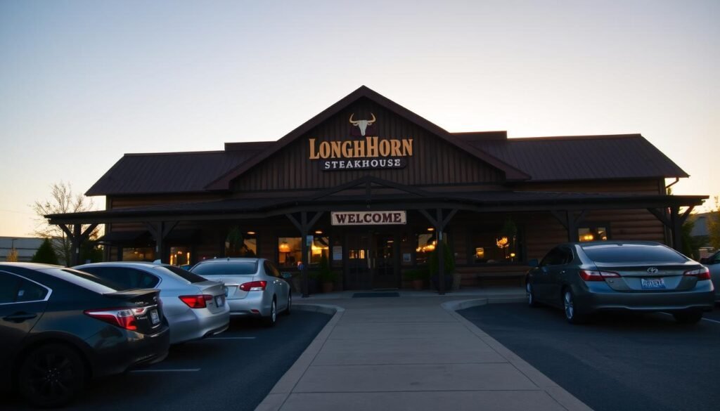 A cozy, inviting exterior view of a Longhorn Steakhouse restaurant during golden hour, capturing warm sunlight reflecting off its rustic wooden facade. In the foreground, a well-maintained parking lot with a few cars parked, hinting at a busy evening. The middle ground features the restaurant's entrance, adorned with a welcoming sign and potted plants, inviting patrons to enter. In the background, a clear blue sky transitions into soft hues of orange and pink, emphasizing a serene atmosphere. The scene conveys a sense of community and comfort, perfect for families and friends gathering for a meal. The angle should be slightly elevated, showcasing the inviting path leading up to the entrance, enhancing the feeling of accessibility. A cozy, inviting exterior view of a Longhorn Steakhouse restaurant during golden hour, capturing warm sunlight reflecting off its rustic wooden facade. In the foreground, a well-maintained parking lot with a few cars parked, hinting at a busy evening. The middle ground features the restaurant's entrance, adorned with a welcoming sign and potted plants, inviting patrons to enter. In the background, a clear blue sky transitions into soft hues of orange and pink, emphasizing a serene atmosphere. The scene conveys a sense of community and comfort, perfect for families and friends gathering for a meal. The angle should be slightly elevated, showcasing the inviting path leading up to the entrance, enhancing the feeling of accessibility.