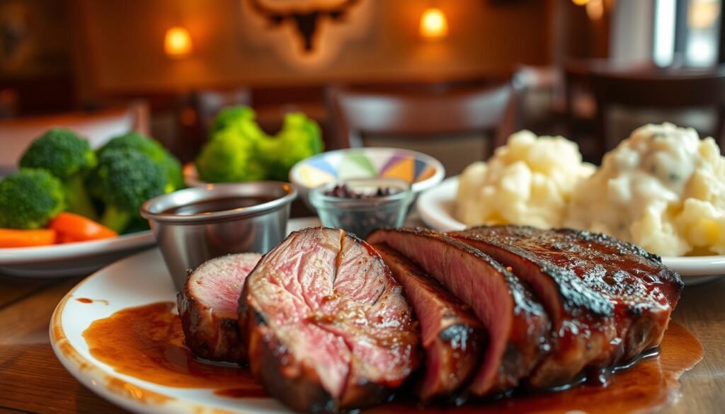 A deliciously cooked kid sirloin steak, perfectly grilled with a golden-brown crust and mouthwatering juices glistening. The steak is plated prominently in the foreground, sliced to reveal its tender and juicy interior. Surround it with colorful side dishes like steamed broccoli, mashed potatoes, and a small bowl of peppercorn sauce. In the middle ground, a small plate with a playful design, suggesting it’s part of a kids' dining experience. The background features a warm and inviting Longhorn Steakhouse setting, showcasing rustic wooden tables and soft, ambient lighting that creates a cozy atmosphere. Capture the scene from a slightly elevated angle to emphasize the appeal of the meal, evoking a sense of excitement and satisfaction for young diners. A deliciously cooked kid sirloin steak, perfectly grilled with a golden-brown crust and mouthwatering juices glistening. The steak is plated prominently in the foreground, sliced to reveal its tender and juicy interior. Surround it with colorful side dishes like steamed broccoli, mashed potatoes, and a small bowl of peppercorn sauce. In the middle ground, a small plate with a playful design, suggesting it’s part of a kids' dining experience. The background features a warm and inviting Longhorn Steakhouse setting, showcasing rustic wooden tables and soft, ambient lighting that creates a cozy atmosphere. Capture the scene from a slightly elevated angle to emphasize the appeal of the meal, evoking a sense of excitement and satisfaction for young diners.