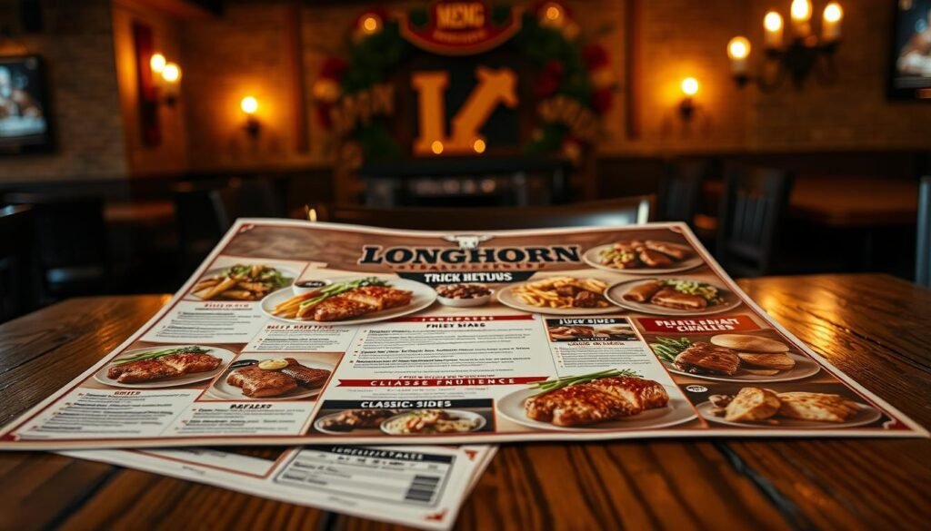 A detailed and inviting Longhorn Steakhouse menu displayed on a rustic wooden table, emphasizing a variety of delicious dishes including juicy steaks, fresh salads, and classic sides. The foreground includes a beautifully arranged menu with rich colors and textures, showcasing mouth-watering images of the food items. In the middle background, soft lighting creates a warm, welcoming atmosphere typical of a steakhouse, enhancing the richness of the menu's presentation. The ambiance hints at a cozy dining experience, illuminated by gentle candlelight. The menu is centered, with a slight depth of field to draw attention, while the table's grain and subtle details add authenticity, inviting viewers to explore the culinary offerings of the Longhorn Steakhouse Greendale.