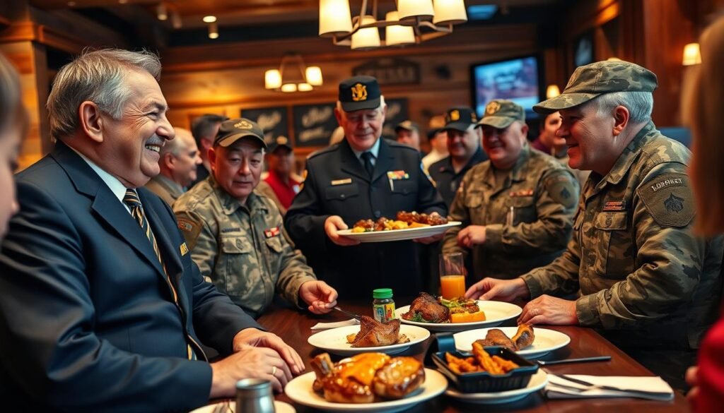 A group of diverse veterans and active-duty military personnel gathered around a table at a cozy Longhorn Steakhouse, showcasing camaraderie and pride. In the foreground, focus on two veterans in polished military uniforms, including one in a navy suit and another in camouflage fatigues, both smiling and sharing stories. In the middle, a server presents a delicious platter of steak and sides, reflecting the restaurant’s warm hospitality. The background features rustic wooden decor with a warm, inviting glow from pendant lights, adding a sense of comfort and celebration. The atmosphere conveys a festive yet respectful mood, highlighting the honor of service. Capture the scene using a slightly elevated angle for depth, with soft focus on the background to emphasize the subjects. A group of diverse veterans and active-duty military personnel gathered around a table at a cozy Longhorn Steakhouse, showcasing camaraderie and pride. In the foreground, focus on two veterans in polished military uniforms, including one in a navy suit and another in camouflage fatigues, both smiling and sharing stories. In the middle, a server presents a delicious platter of steak and sides, reflecting the restaurant’s warm hospitality. The background features rustic wooden decor with a warm, inviting glow from pendant lights, adding a sense of comfort and celebration. The atmosphere conveys a festive yet respectful mood, highlighting the honor of service. Capture the scene using a slightly elevated angle for depth, with soft focus on the background to emphasize the subjects.