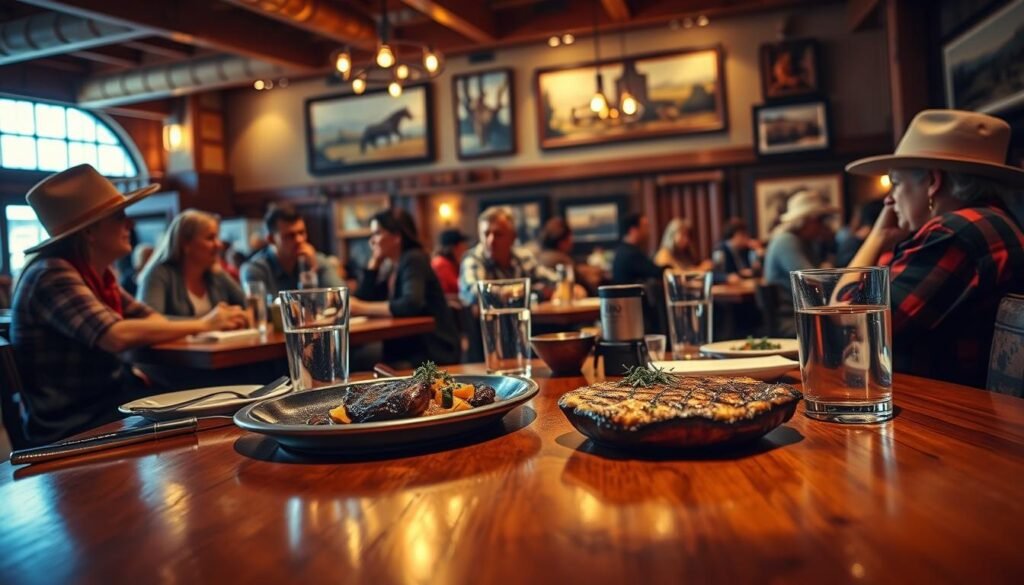 A lively scene inside a Longhorn Steakhouse, capturing the essence of casual Western dining. In the foreground, a polished wooden table adorned with a rustic table setting—cutlery, glasses, and a sizzling plate of steak, garnished with fresh herbs. The middle ground showcases diners of diverse backgrounds, dressed in modest casual clothing, engaged in friendly conversation, and enjoying their meals. The background features warm, ambient lighting that creates a cozy atmosphere, with wooden beams, cowboy-themed decor, and framed Western landscapes on the walls. The lens captures the scene from a slightly elevated angle, emphasizing the welcoming, homey vibe that reflects a journey through Western heritage. The mood is inviting and warm, evoking a sense of comfort and community. A lively scene inside a Longhorn Steakhouse, capturing the essence of casual Western dining. In the foreground, a polished wooden table adorned with a rustic table setting—cutlery, glasses, and a sizzling plate of steak, garnished with fresh herbs. The middle ground showcases diners of diverse backgrounds, dressed in modest casual clothing, engaged in friendly conversation, and enjoying their meals. The background features warm, ambient lighting that creates a cozy atmosphere, with wooden beams, cowboy-themed decor, and framed Western landscapes on the walls. The lens captures the scene from a slightly elevated angle, emphasizing the welcoming, homey vibe that reflects a journey through Western heritage. The mood is inviting and warm, evoking a sense of comfort and community.