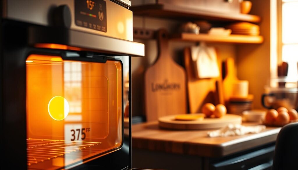 A mesmerizing kitchen scene showcasing an oven preheating to a golden hue, set as the focal point in the foreground. The oven door is slightly ajar, revealing a warm glow emanating from inside, with a temperature dial clearly indicating 375°F. In the middle ground, a rustic wooden countertop is adorned with ingredients like flour, eggs, and a mixing bowl, hinting at the process of making Longhorn Steakhouse bread. In the background, warm, soft lighting creates an inviting atmosphere, casting gentle shadows that enhance the cozy ambiance of the kitchen. The mood emphasizes anticipation and comfort, evoking a sense of home-cooked warmth and delicacy, perfect for celebrating the art of baking. A mesmerizing kitchen scene showcasing an oven preheating to a golden hue, set as the focal point in the foreground. The oven door is slightly ajar, revealing a warm glow emanating from inside, with a temperature dial clearly indicating 375°F. In the middle ground, a rustic wooden countertop is adorned with ingredients like flour, eggs, and a mixing bowl, hinting at the process of making Longhorn Steakhouse bread. In the background, warm, soft lighting creates an inviting atmosphere, casting gentle shadows that enhance the cozy ambiance of the kitchen. The mood emphasizes anticipation and comfort, evoking a sense of home-cooked warmth and delicacy, perfect for celebrating the art of baking.