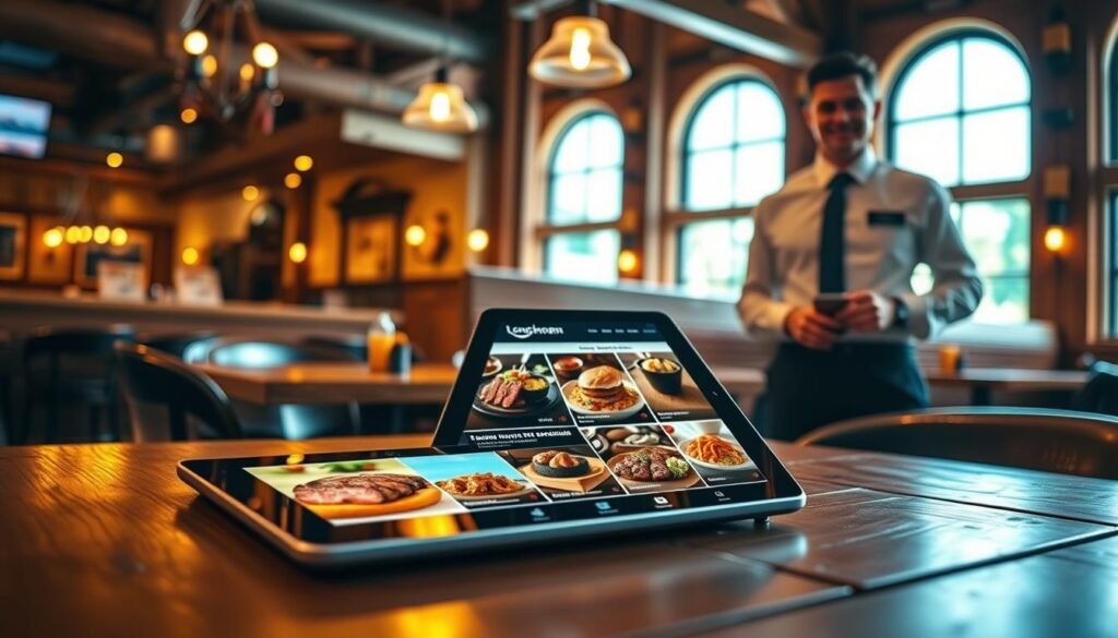 A modern digital menu displayed on a sleek tablet, placed on a rustic wooden table in a Longhorn Steakhouse setting. The tablet screen showcases a vibrant assortment of mouth-watering steaks and sides, with tempting images that highlight recent promotions and updates. Soft, warm lighting bathes the scene, creating an inviting atmosphere, while the background features the restaurant's cozy interior, adorned with Western-themed decor and wooden accents. A friendly server, dressed in professional business attire, stands nearby, ready to assist guests. The angle captures both the digital menu and the welcoming ambiance of the restaurant, emphasizing a contemporary dining experience. The overall mood is warm and enticing, suitable for guests enjoying a meal at Longhorn Steakhouse. A modern digital menu displayed on a sleek tablet, placed on a rustic wooden table in a Longhorn Steakhouse setting. The tablet screen showcases a vibrant assortment of mouth-watering steaks and sides, with tempting images that highlight recent promotions and updates. Soft, warm lighting bathes the scene, creating an inviting atmosphere, while the background features the restaurant's cozy interior, adorned with Western-themed decor and wooden accents. A friendly server, dressed in professional business attire, stands nearby, ready to assist guests. The angle captures both the digital menu and the welcoming ambiance of the restaurant, emphasizing a contemporary dining experience. The overall mood is warm and enticing, suitable for guests enjoying a meal at Longhorn Steakhouse.