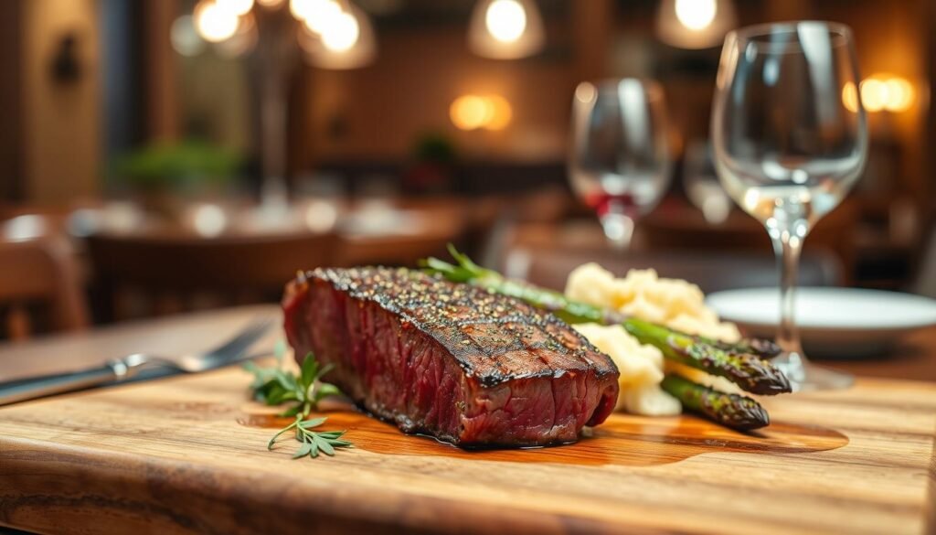 A perfectly cooked flo filet steak, glistening with juices and seasonings, displayed prominently in the foreground on a rustic wooden cutting board. The filet is garnished with fresh herbs and accompanied by a serving of buttery mashed potatoes and charred asparagus, elegantly arranged. In the middle ground, a warm wooden table contrasts with a set of fine-dining cutlery and wine glasses, elegantly capturing a dining experience. The background features softly blurred ambient lighting from overhead sconces, creating a cozy and inviting atmosphere reminiscent of a classic steakhouse. The scene is shot with a shallow depth of field to emphasize the succulent details of the steak, evoking a mood of indulgence and comfort. No text or overlays are present, ensuring the focus remains on the dish. A perfectly cooked flo filet steak, glistening with juices and seasonings, displayed prominently in the foreground on a rustic wooden cutting board. The filet is garnished with fresh herbs and accompanied by a serving of buttery mashed potatoes and charred asparagus, elegantly arranged. In the middle ground, a warm wooden table contrasts with a set of fine-dining cutlery and wine glasses, elegantly capturing a dining experience. The background features softly blurred ambient lighting from overhead sconces, creating a cozy and inviting atmosphere reminiscent of a classic steakhouse. The scene is shot with a shallow depth of field to emphasize the succulent details of the steak, evoking a mood of indulgence and comfort. No text or overlays are present, ensuring the focus remains on the dish.