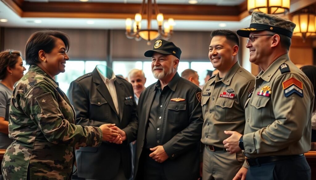 A powerful scene depicting a diverse group of veterans and active military personnel, standing together in a well-lit, inviting Longhorn Steakhouse setting. In the foreground, a middle-aged Black woman in military uniform greets a young Hispanic man dressed in business casual attire, conveying camaraderie and respect. In the middle ground, a Caucasian veteran and an Asian military officer share a friendly conversation, highlighting unity among different backgrounds. The background features tasteful decor of Longhorn Steakhouse, with warm lighting and rustic wooden elements, creating a welcoming atmosphere. The image captures a mood of celebration and gratitude towards veterans, emphasizing companionship and support. The camera angle is slightly elevated, providing a clear view of the interactions, while maintaining a warm and uplifting ambiance. A powerful scene depicting a diverse group of veterans and active military personnel, standing together in a well-lit, inviting Longhorn Steakhouse setting. In the foreground, a middle-aged Black woman in military uniform greets a young Hispanic man dressed in business casual attire, conveying camaraderie and respect. In the middle ground, a Caucasian veteran and an Asian military officer share a friendly conversation, highlighting unity among different backgrounds. The background features tasteful decor of Longhorn Steakhouse, with warm lighting and rustic wooden elements, creating a welcoming atmosphere. The image captures a mood of celebration and gratitude towards veterans, emphasizing companionship and support. The camera angle is slightly elevated, providing a clear view of the interactions, while maintaining a warm and uplifting ambiance.