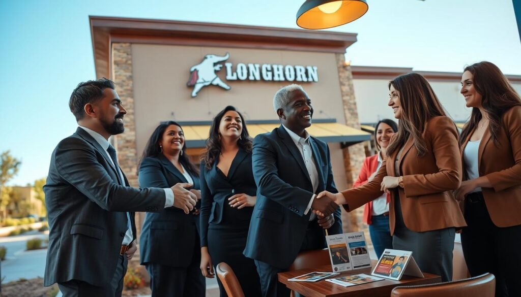 A professional scene depicting a group of diverse individuals in business attire, engaging in a discussion about career opportunities at the Longhorn Steakhouse located in San Angelo. In the foreground, two enthusiastic employees are shaking hands, showcasing a positive professional interaction. The middle ground features a welcoming workspace with a modern decor, including the restaurant's logo subtly placed on the wall and a table with informational flyers about job openings. In the background, the restaurant's inviting exterior is visible, with clear blue skies and greenery surrounding the building. Soft, warm lighting enhances the uplifting atmosphere, and the angle is slightly elevated, capturing the entire scene with a sense of optimism and opportunity. The overall mood is professional and encouraging, ideal for potential job seekers.